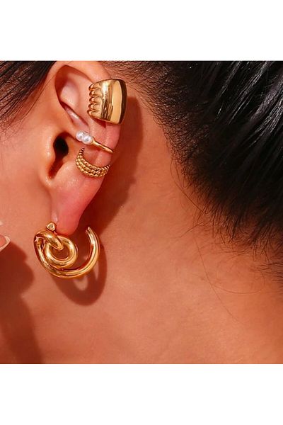 YASİN TOPÇU Steel Gold Design Half Hoop Earrings