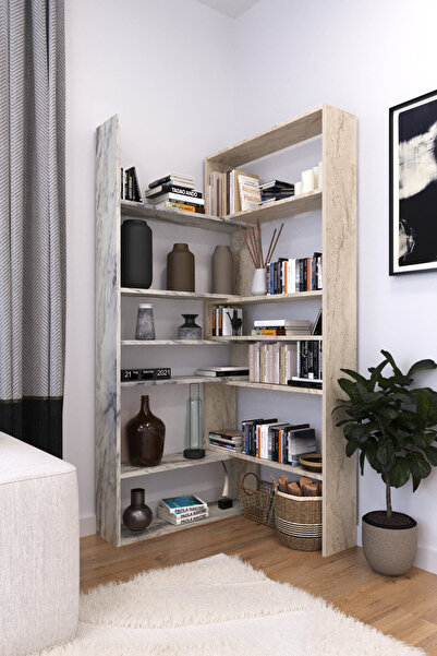 AYMOBSAN Aden Dekoratif Köşe Kitaplık Frezya - Traverten Dsen