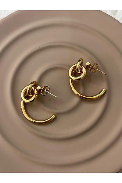 YASİN TOPÇU Steel Gold Design Half Hoop Earrings