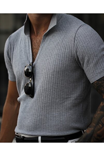 hateko Світло-сіра трикотажна футболка з V-подібним коміром