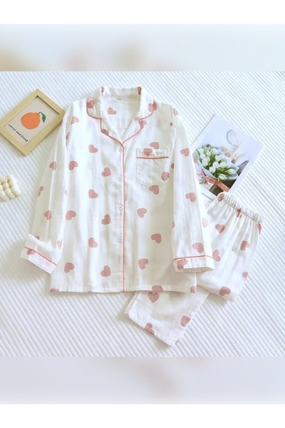 PEMBİŞ HOMEWEAR Super Soft Shirt Collar Beige Heart Pajama Set