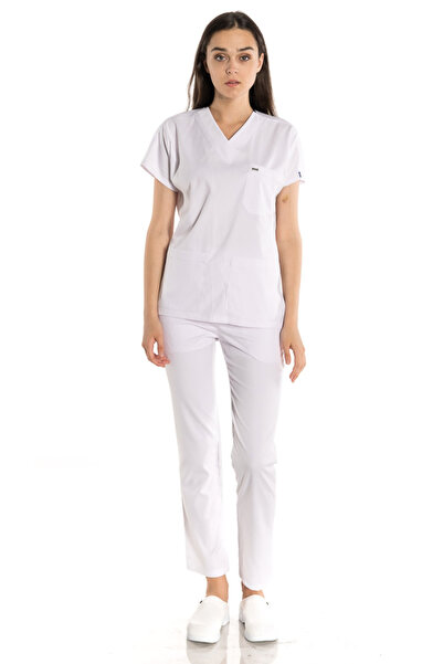 TIPMOD Unisex Yarasa Kol Likralı Doktor / Hemşire Forması Beyaz