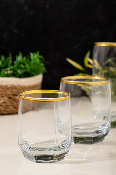 MEST Gold Yaldızlı 18 Parça  Cam Su Bardağı Seti Bardak Takımı| 215, 310, 385 cc