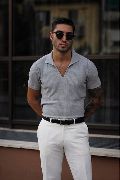 hateko Tricou polo cu decolteu în V gri deschis