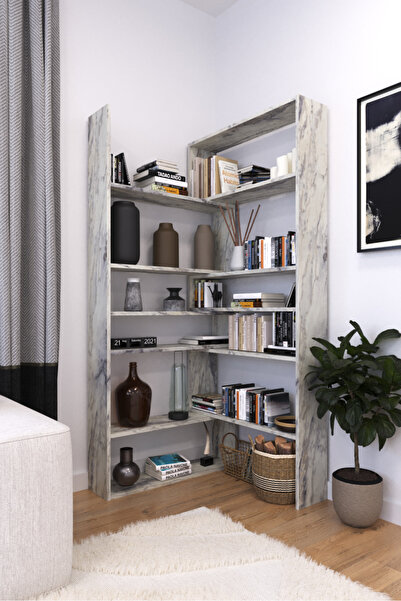 AYMOBSAN Aden Dekoratif Köşe Kitaplık Mermer Desen (Frezya)