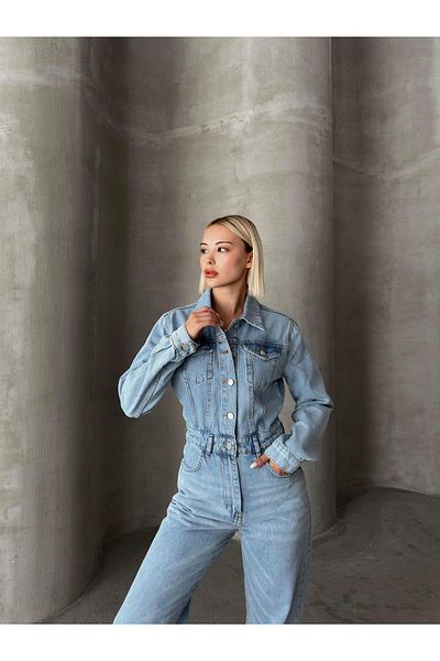 Olcay Hellblauer Jeans-Overall – Hemdkragen, Knopfleiste – 9248