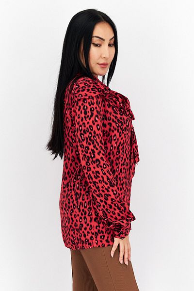 Replay Women Tie Neck Long Sleeve Animal Print Blouse, Red