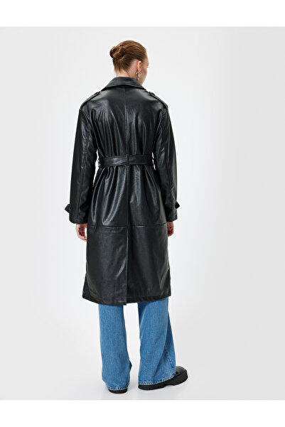 Koton Double Breasted Long Faux Leather Trench Coat with Pockets