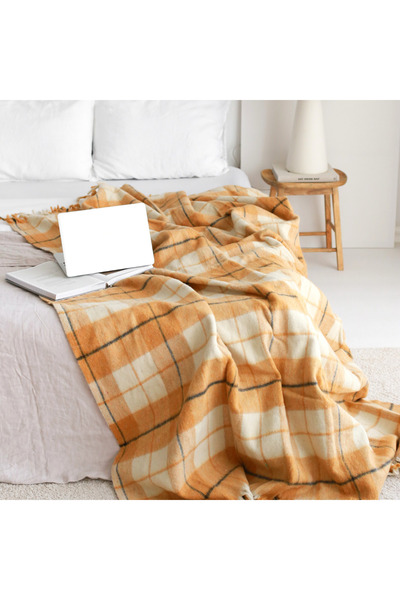 tante roza Woolmark Çift Kişilik %100 Saf Yün Battaniye Safran