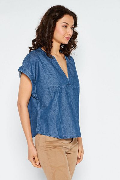 Esprit Women Split Neck Cuffed Sleeve Textured Top, Blue