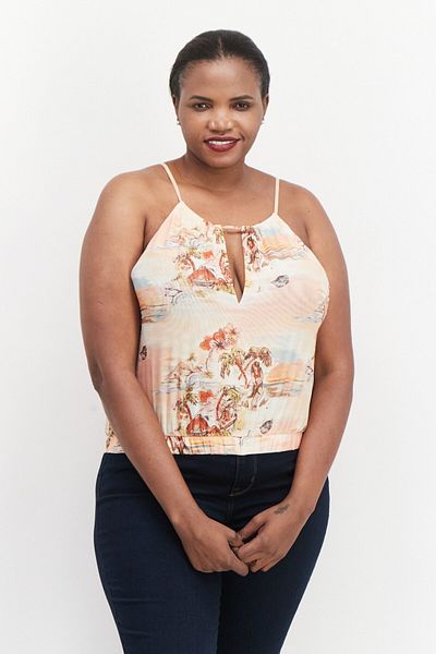 Royalty By Maluma Women U Neck Sleeveless Allover Print Tank Top, Orange Combo