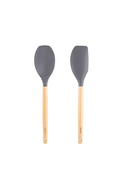 Tantitoni Gray Colored Silicone Large Spoon and Spatula Set with Bamboo Handle