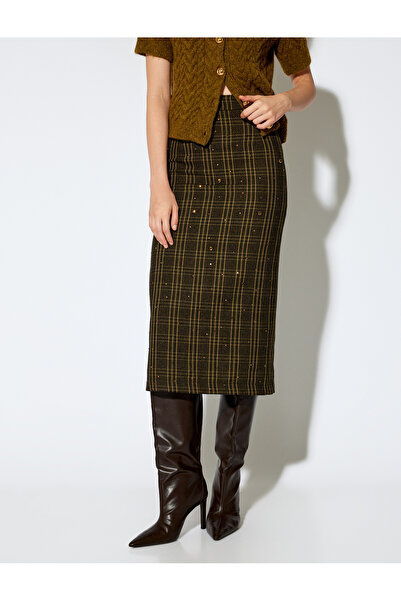 Koton X Melis Ağazat - Standard Waist Midi Length Stoned Plaid Pencil Skirt