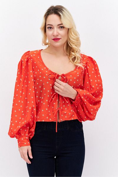 Levi's Women Tie Neck Long Sleeve Allover Print Top, Red