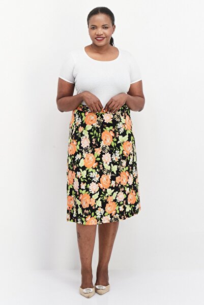 Kasper Women Plus Size Floral Printed Midi Skirt, Black Combo