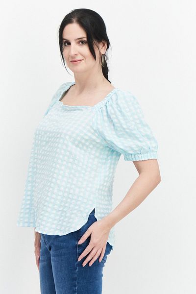 Anne Klein Women Square Neck Puffed Sleeves Gingham Pattern Top, Ocean Sky