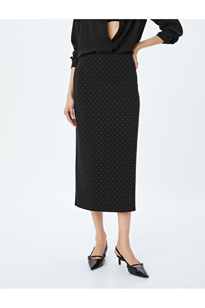 Koton Midi Boy Taşlı Yırtmaç Detaylı Normal Bel Kalem Abiye Etek