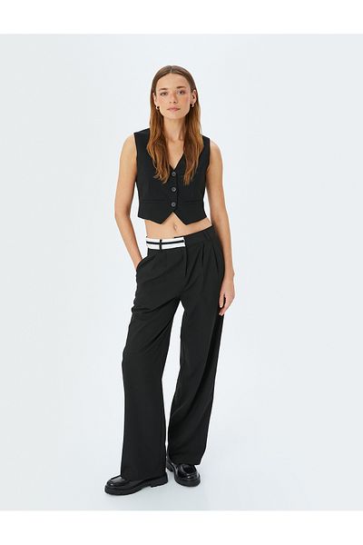 Koton Straight Wide Leg Fabric Trousers with Pockets and Contrast Waist Detail