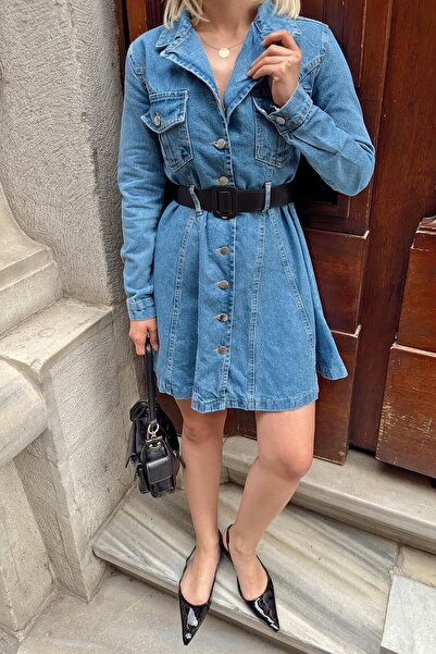 Swist Γυναικείο τζιν πουκάμισο Μίνι φόρεμα γιακά με μπλε ζώνη