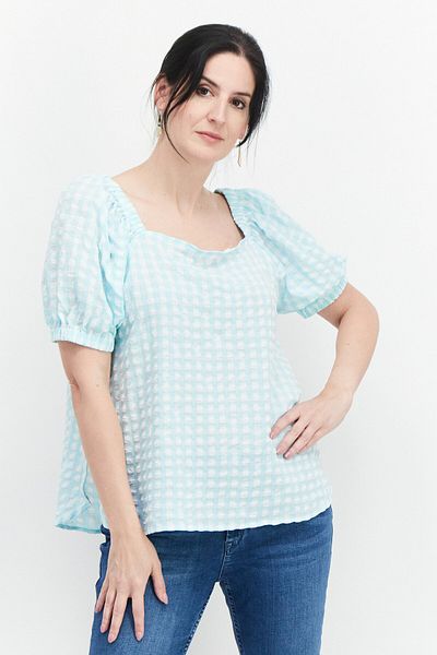 Anne Klein Women Square Neck Puffed Sleeves Gingham Pattern Top, Ocean Sky