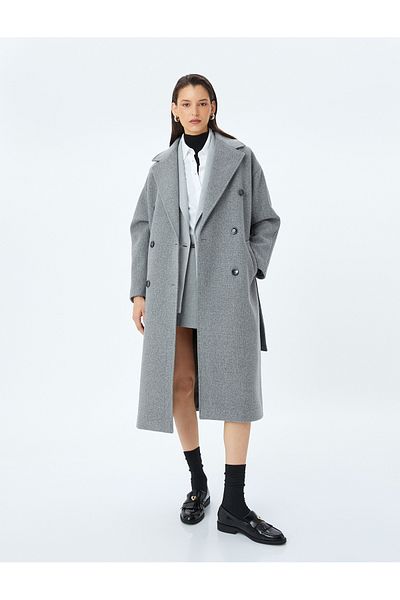 Koton Double Breasted Extra Long Stamp Coat with Pockets and Belt Detail