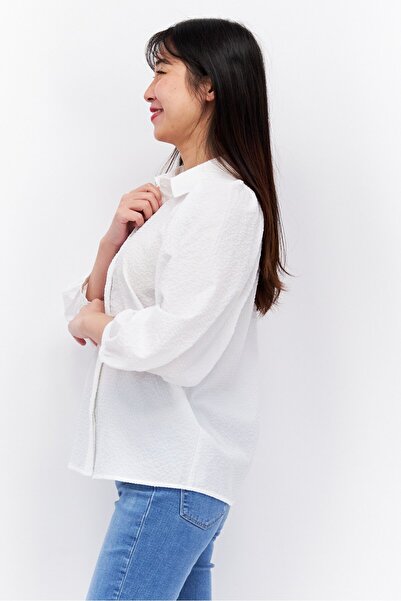 Esprit Women Pointed Collar Long Sleeve Textured Blouse, White