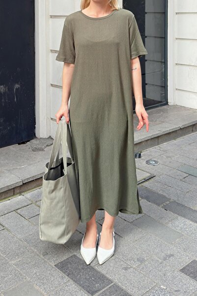 Swist Dámské midi šaty khaki Crew s rozparkem