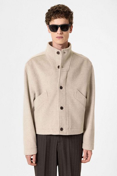 Antioch Beige Wool Blended Stand Collar Men's Coat