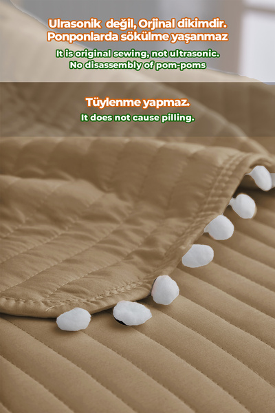 Evlen Home Collection Ponponlu Çift Kişilik Kapitone %100 Pamuk Yatak Örtüsü ( Pike ) Takımı Kahve
