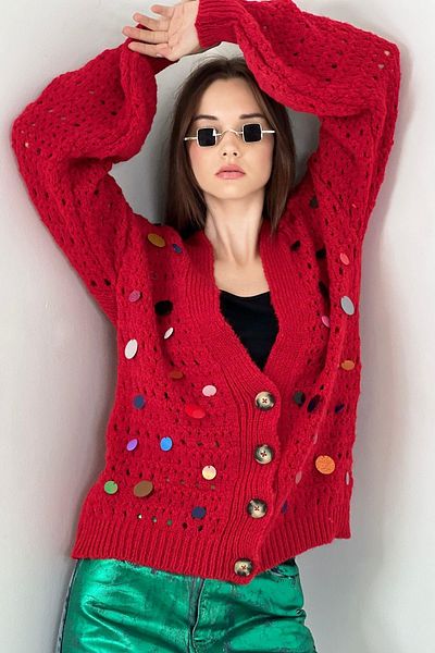 So Sweet Women's V-Neck Sequin Perforated Red Long Knitwear Cardigan