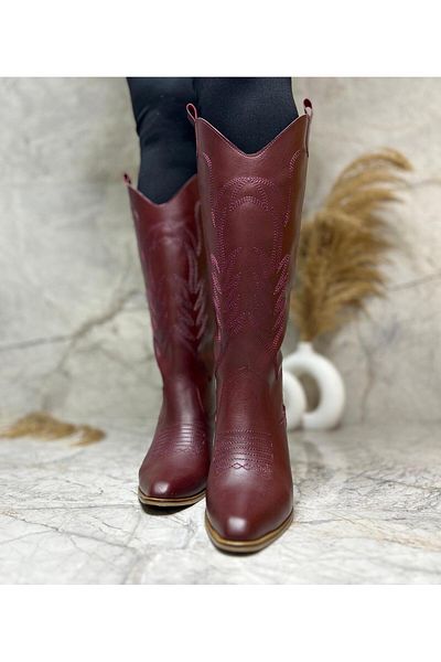 POTEEN Cizme cu toc brodate Western Cowboy Ptc Albino pentru femei - Ptc Claret Red