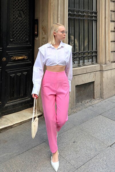 Swist Pembe Anna Yüksek Bel İnce Pensli Kadın Pantolon