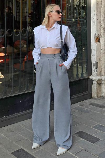 Swist Graue Palazzo-Hose aus Leinen - Doppelt geknöpfter und plissierter Damenmantel