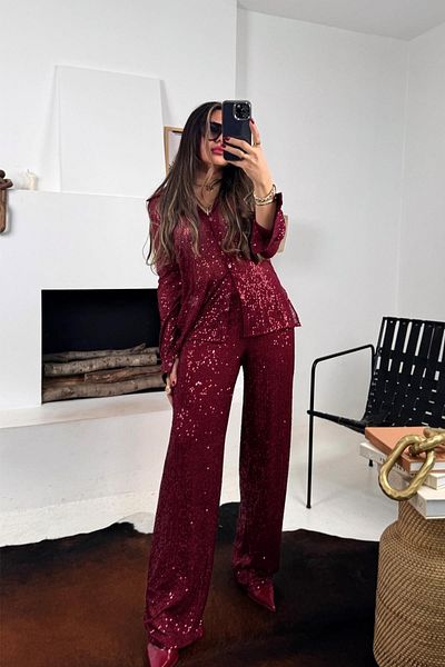 Sohotique By P Burgundy Wide Leg Sequined Trousers