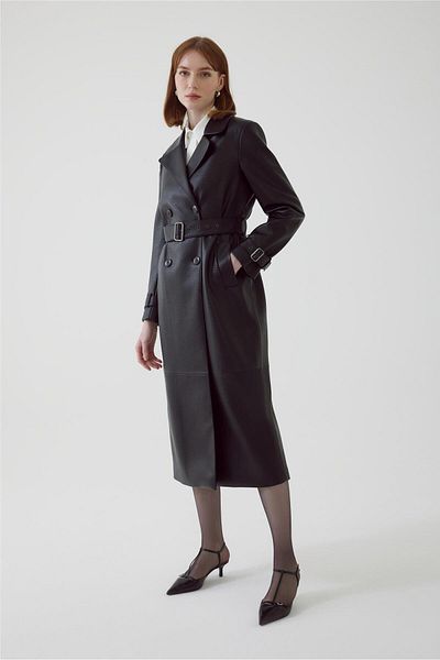 Exquise Black Eco Leather Belted Regular Trench Coat