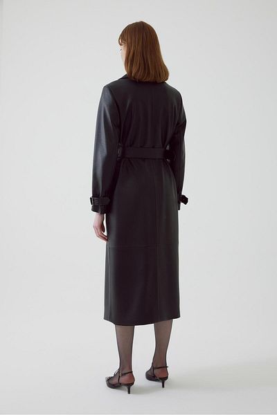 Exquise Black Eco Leather Belted Regular Trench Coat