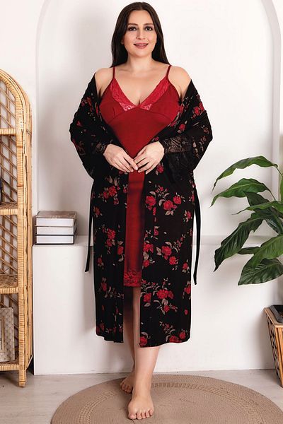 Jenny Daphne Lady Rose Patterned Viscose Fabric 2-Piece Luxury Nightgown Dressing Gown Set 19226