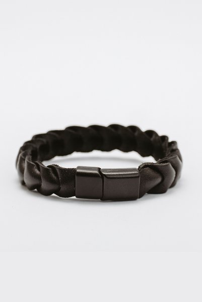 JuraDeri Men's Genuine Leather Bracelet - Black, Interlocking, Handmade