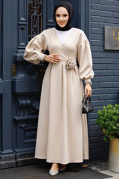 Neva Style Beige Hijab Dress with Belt, Model No: 61471Beige