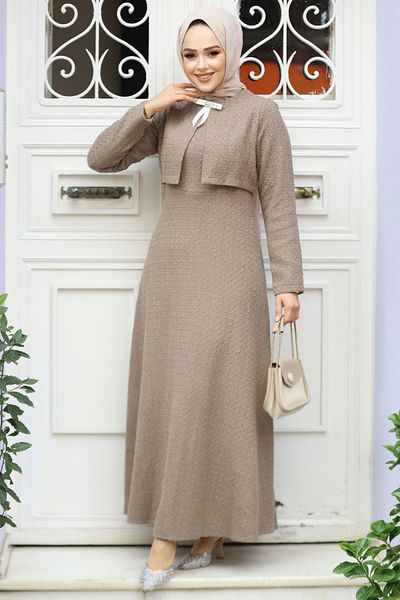 Neva Style Tweed Dark Mink Hijab Dress with Jacket Detail 61481Kv