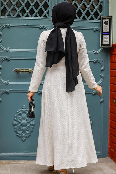 Neva Style Beige Tweed Hijab Dress with Jacket Detail, Model 61481Beige
