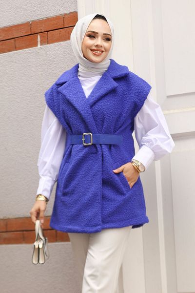 Neva Style Sax Blue Hijab Vest with Belt Detail 61371Sx