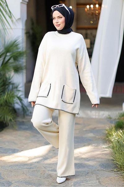 KAREN TEKSTİL Women'S, Pocketed, Shepherd's Stitching Detail, Knitwear Set