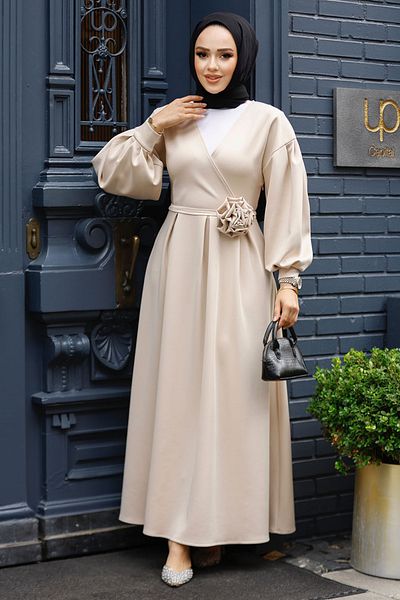 Neva Style Beige Hijab Dress with Belt, Model No: 61471Beige