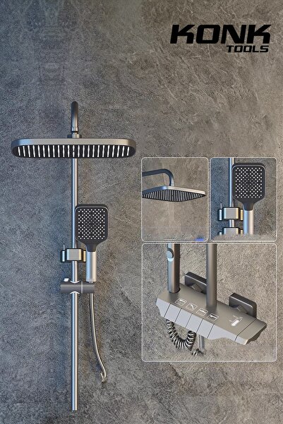 KonkTools Piyano 5 Fonksiyonlu 130 cm Antrasit Banyo Bataryalı Robot Duş Seti...