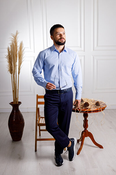 Sarar Elvio Dokulu Klasik Kalıp Cepli Pamuklu Koyu Mavi Gömlek