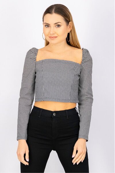 Jennyfer Women Squared Neck Long Sleeves Gingham Blouse, Black and White