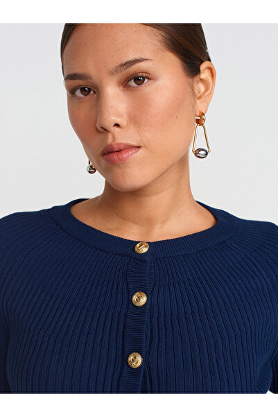 Dilvin 60246 Πλεκτό ισπανικό μανίκι με λαιμόκοψη με κουμπιά Ζακέτα-Μπλε ναυτικό