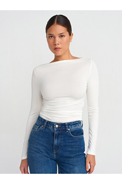 Dilvin 31213 Boat Neck Long Sleeve Top-Ecru
