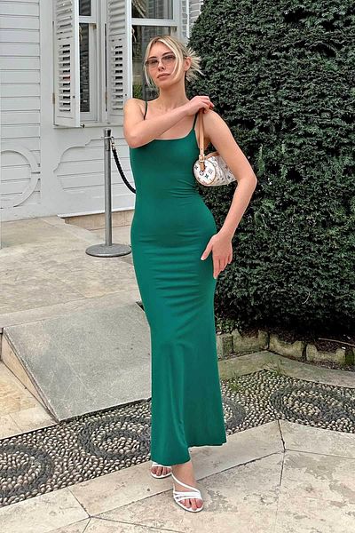 Swist Grünes, verstellbares Fischrock-Midikleid für Damen mit Seilriemen